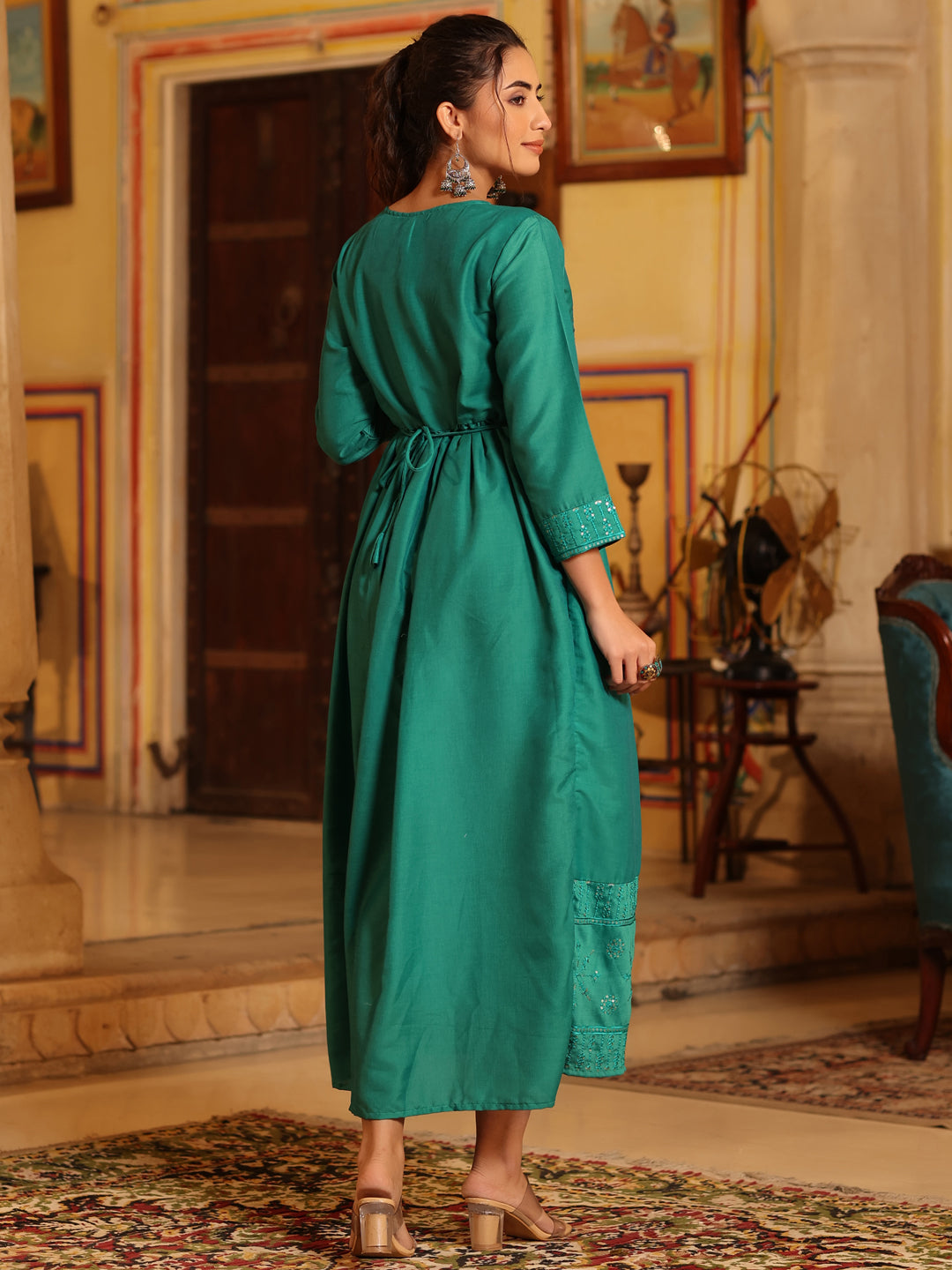 Teal Festive Embroidered Flared Dress