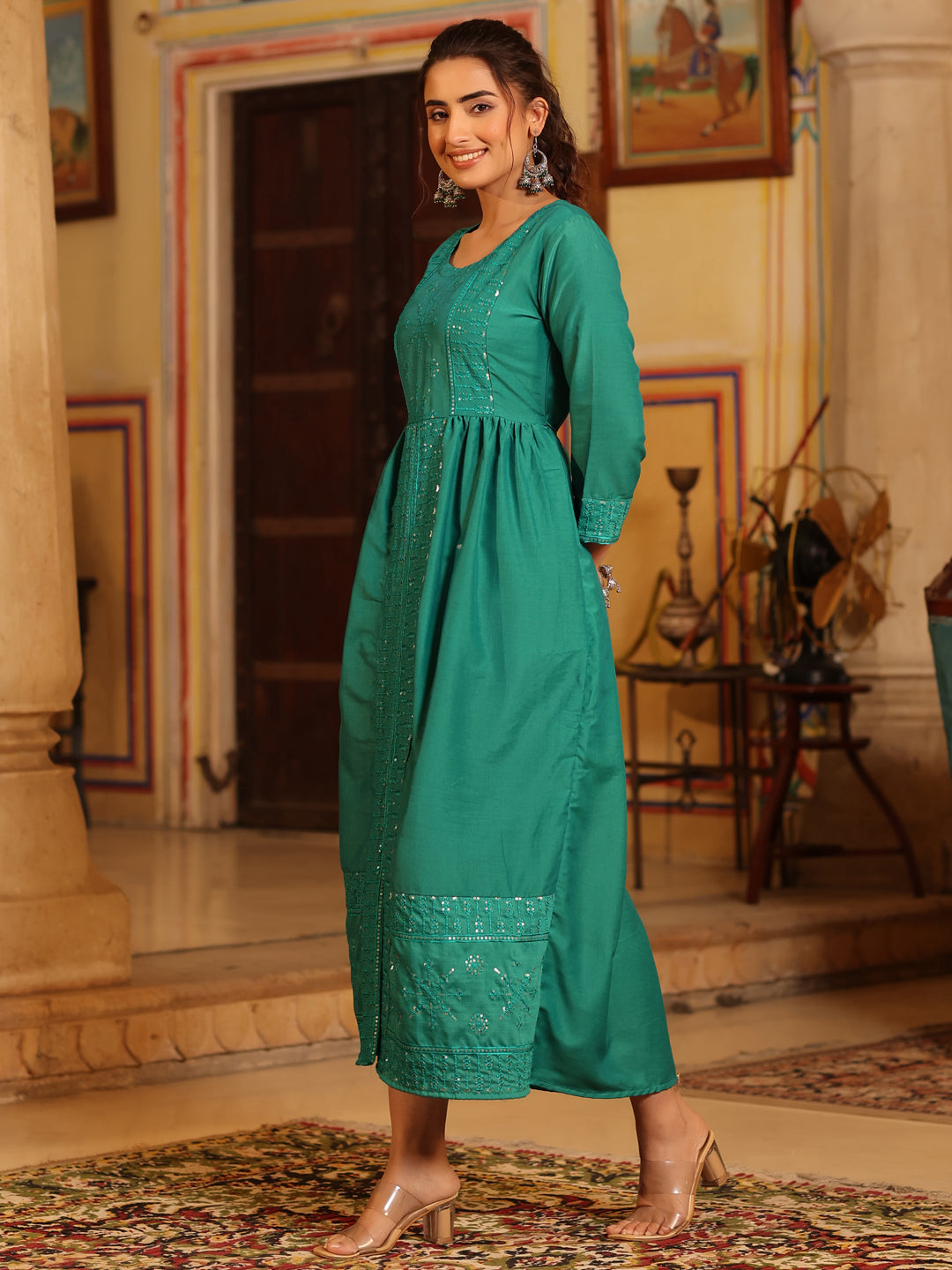 Teal Festive Embroidered Flared Dress