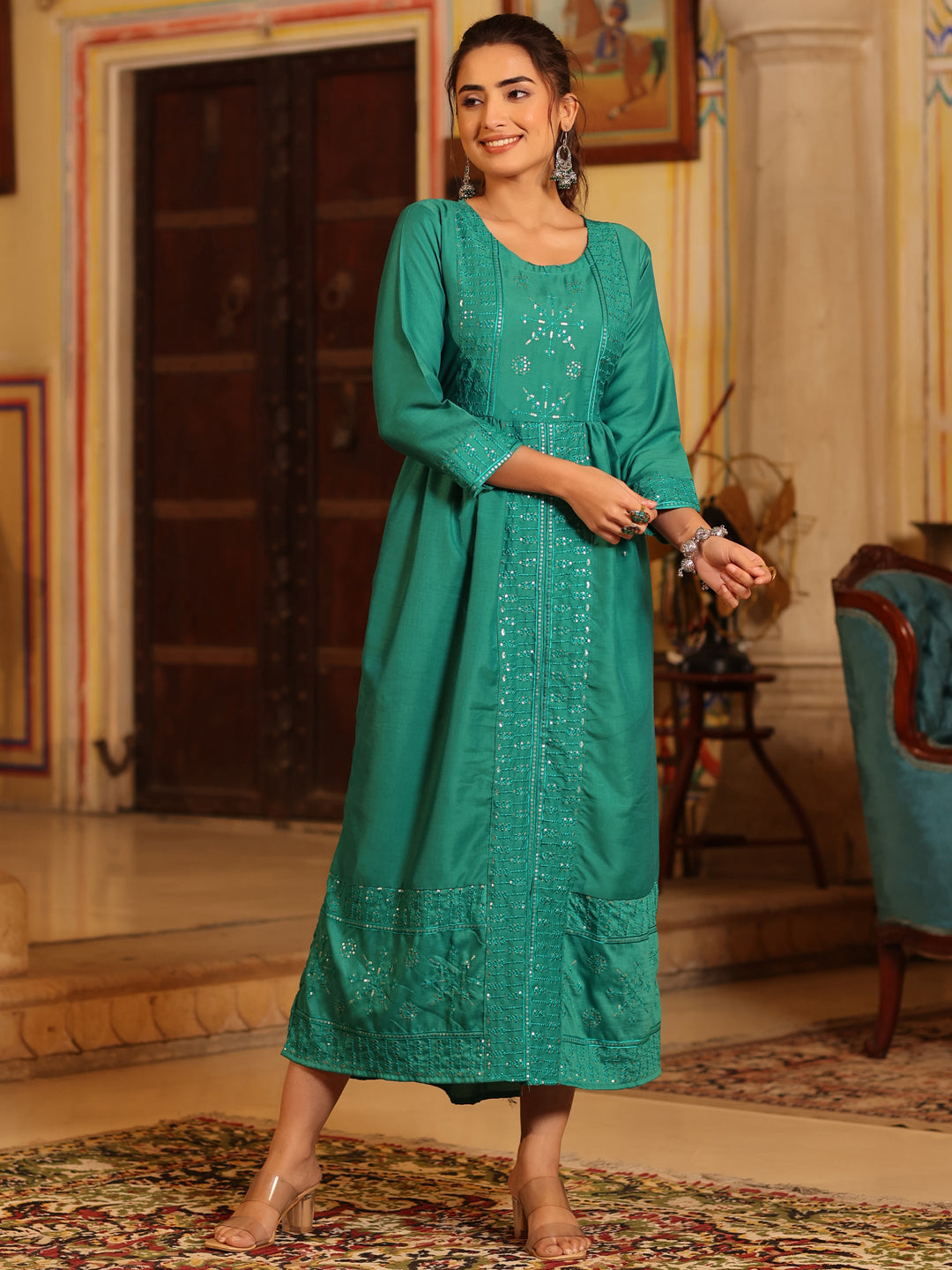 Teal Festive Embroidered Flared Dress