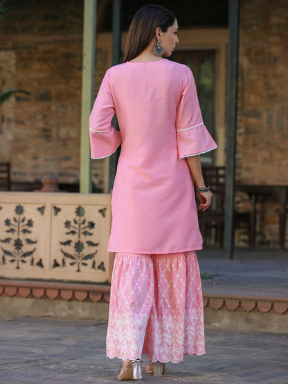 Pink Chinnon Embroidery Kurta Garara Set