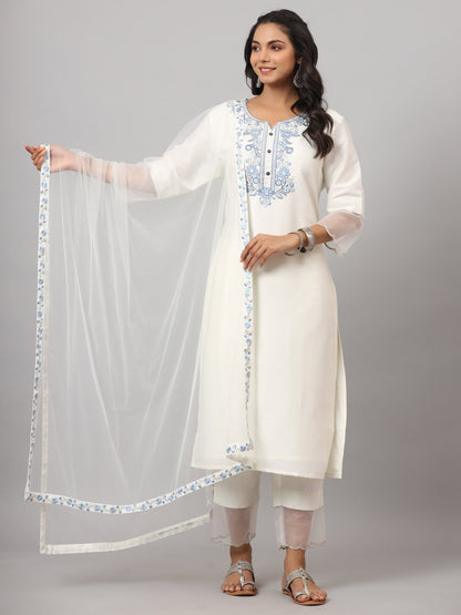 White Chinnon Solid Embroidered Kurta Set