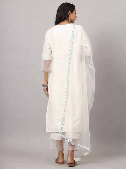 White Chinnon Solid Embroidered Kurta Set