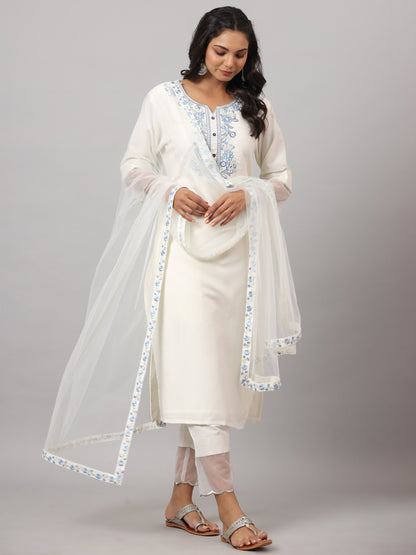 White Chinnon Solid Embroidered Kurta Set