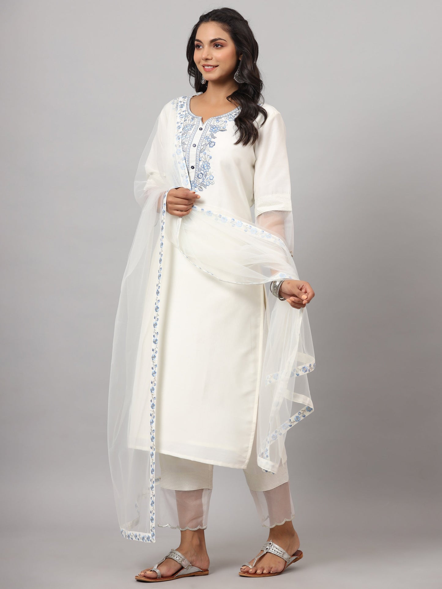 White Chinnon Solid Embroidered Kurta Set