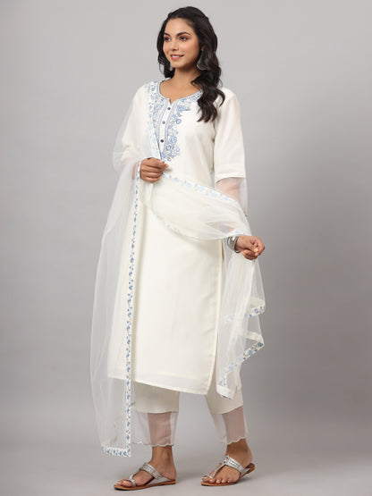 White Chinnon Solid Embroidered Kurta Set