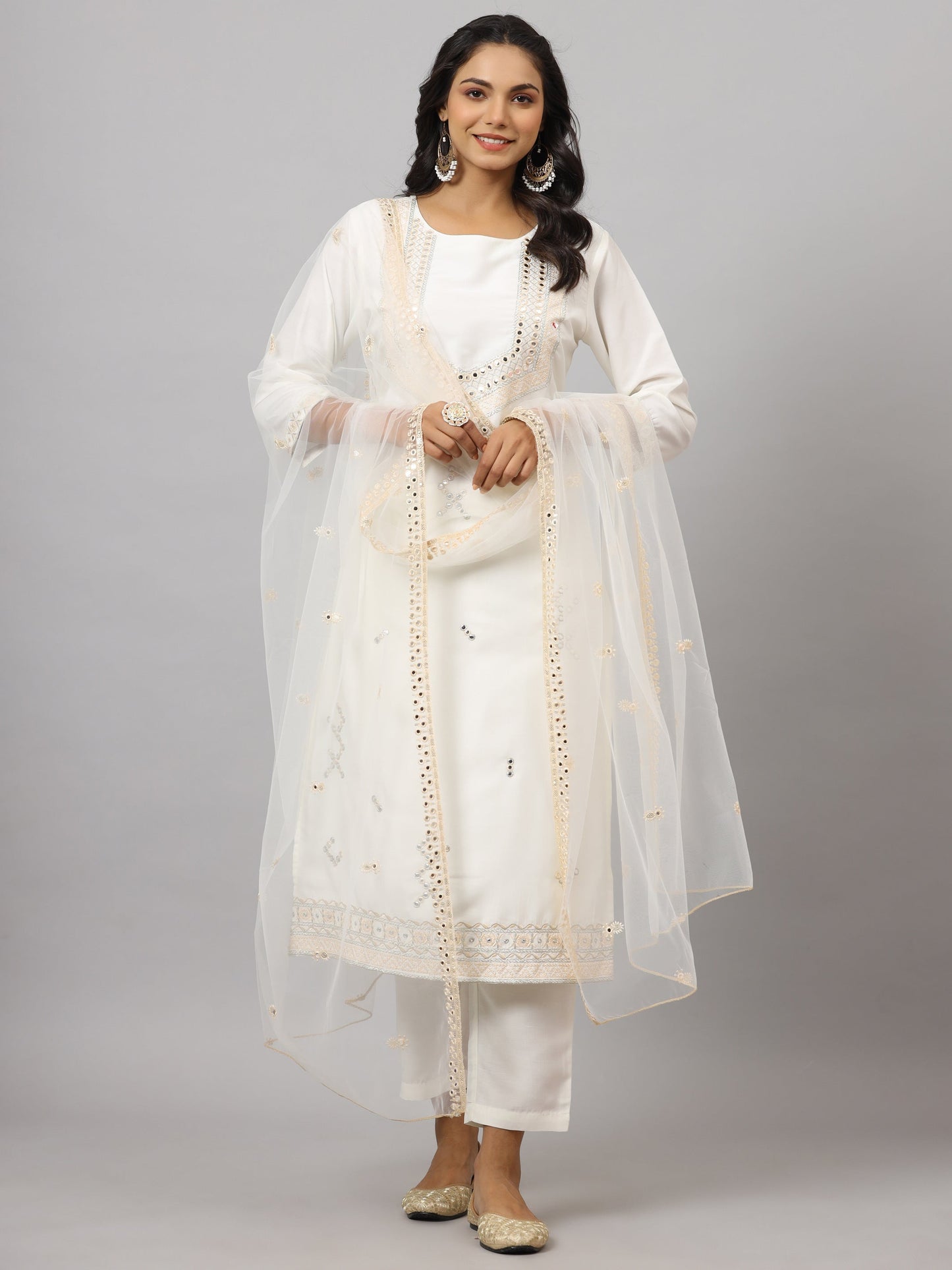 White Chinnon Solid Embroidered Kurta Set