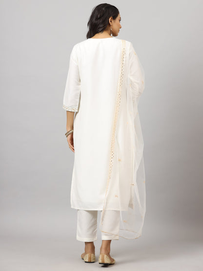 White Chinnon Solid Embroidered Kurta Set