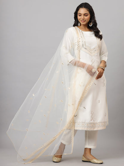 White Chinnon Solid Embroidered Kurta Set