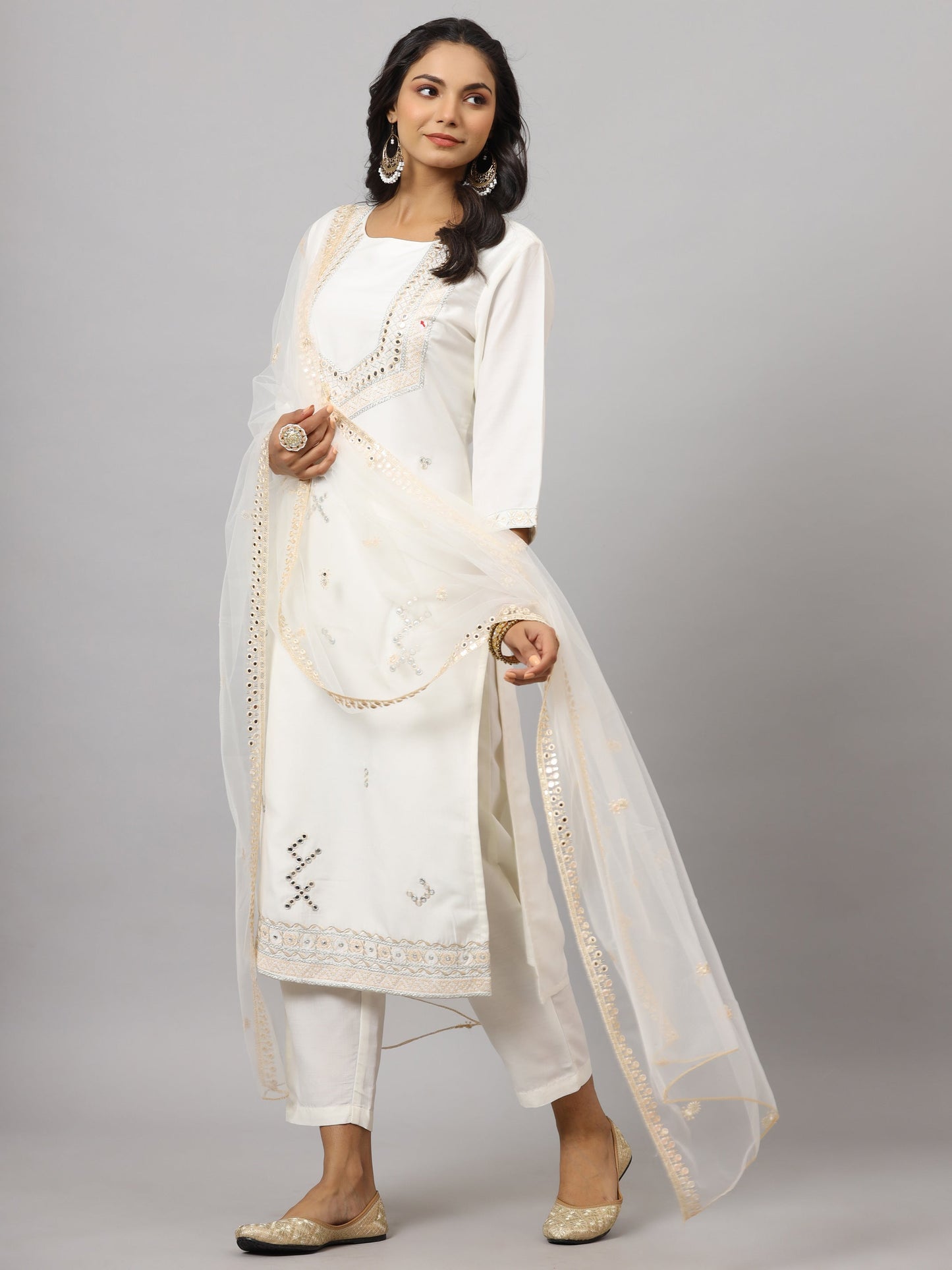 White Chinnon Solid Embroidered Kurta Set