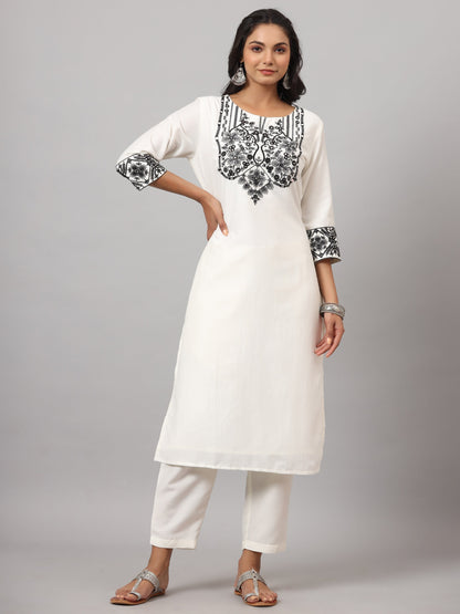 White Chinnon Solid Embroidered Kurta Set