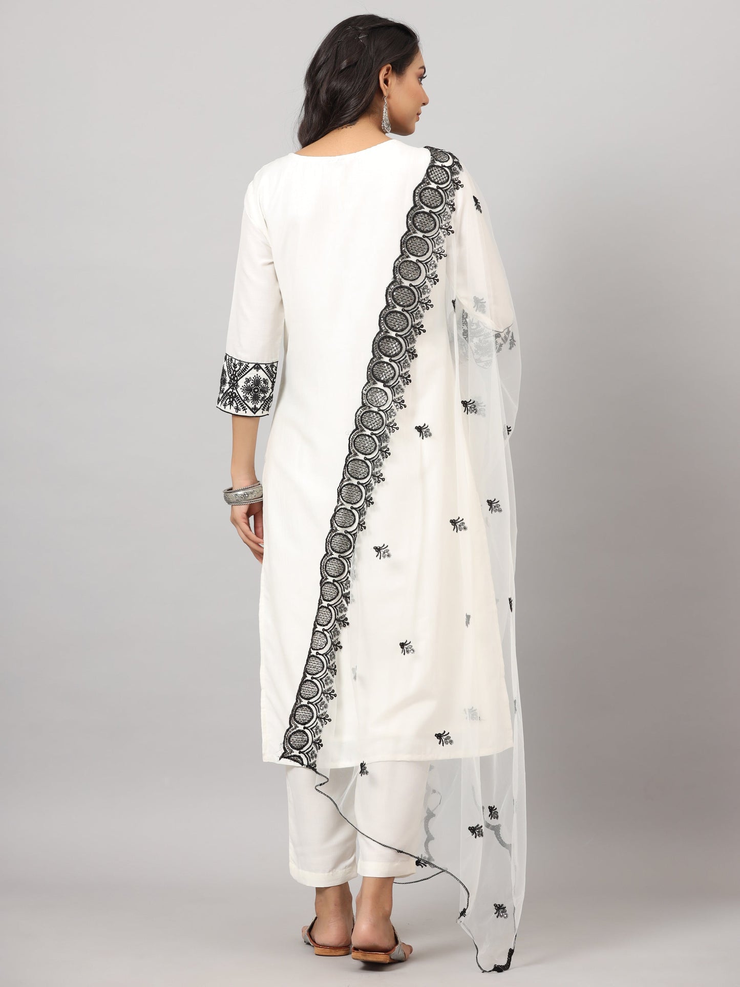 White Chinnon Solid Embroidered Kurta Set