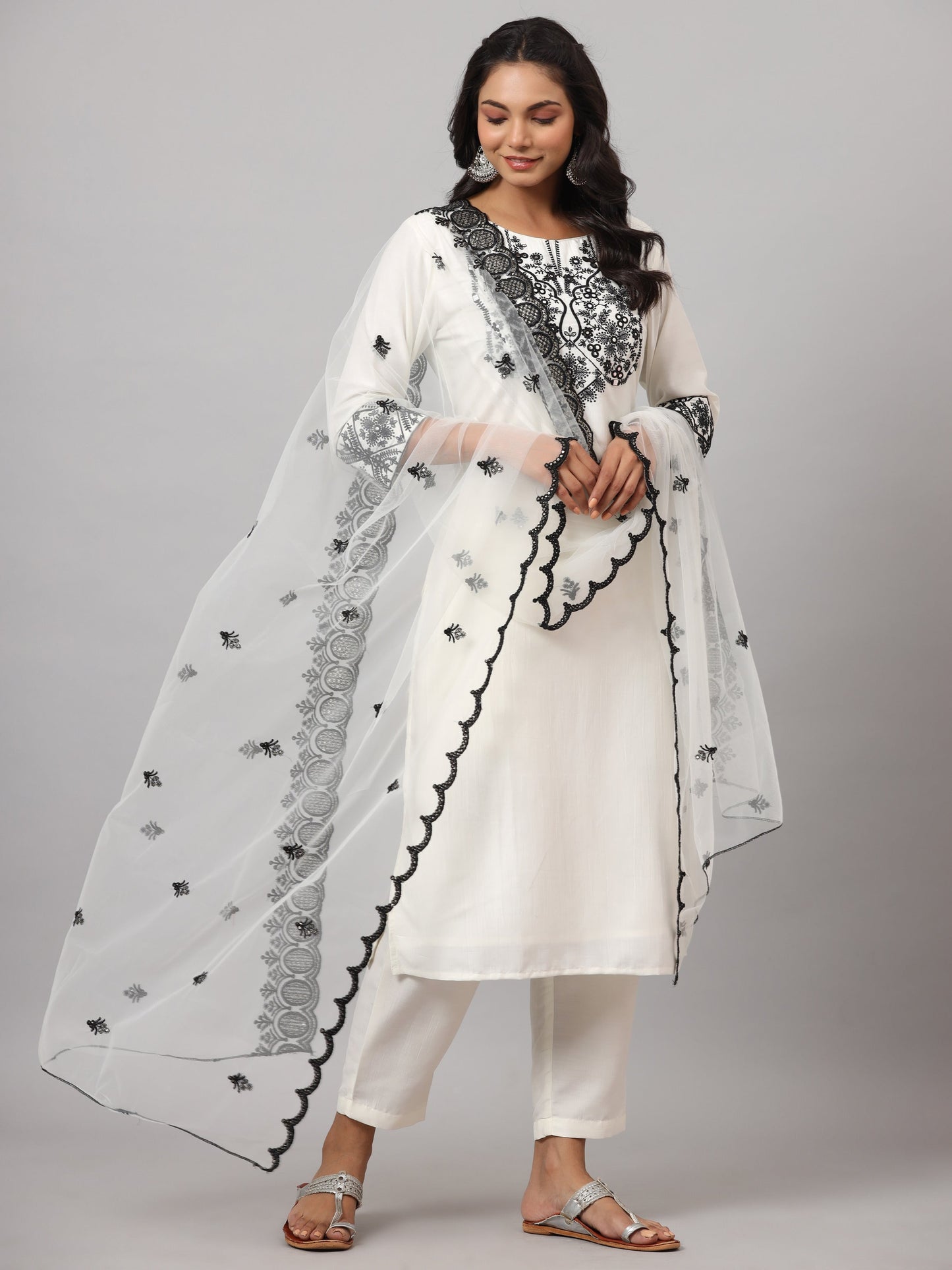 White Chinnon Solid Embroidered Kurta Set