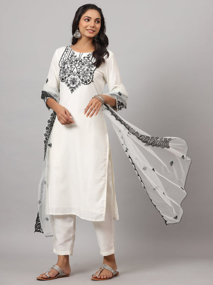 White Chinnon Solid Embroidered Kurta Set