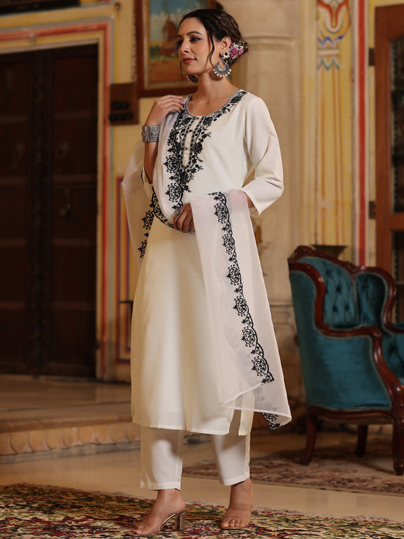 White Chinnon Solid Embroidered Kurta Set