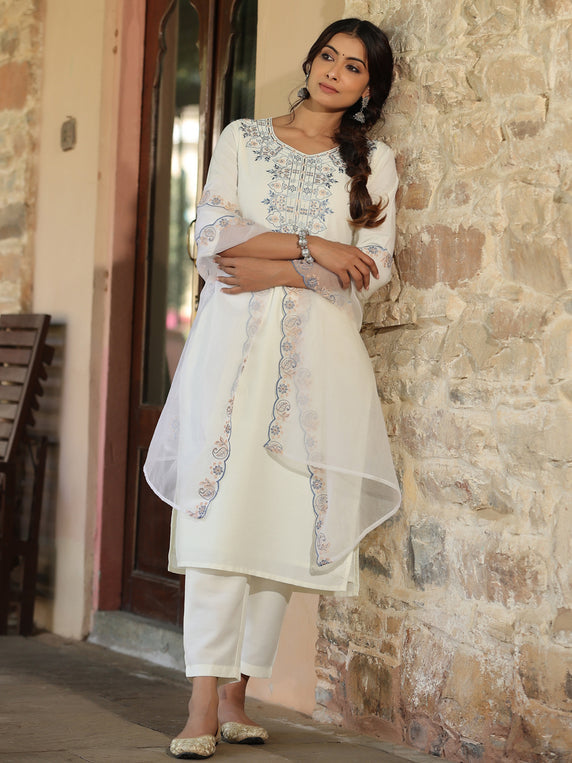 White Chinnon Solid Embroidered Kurta Set