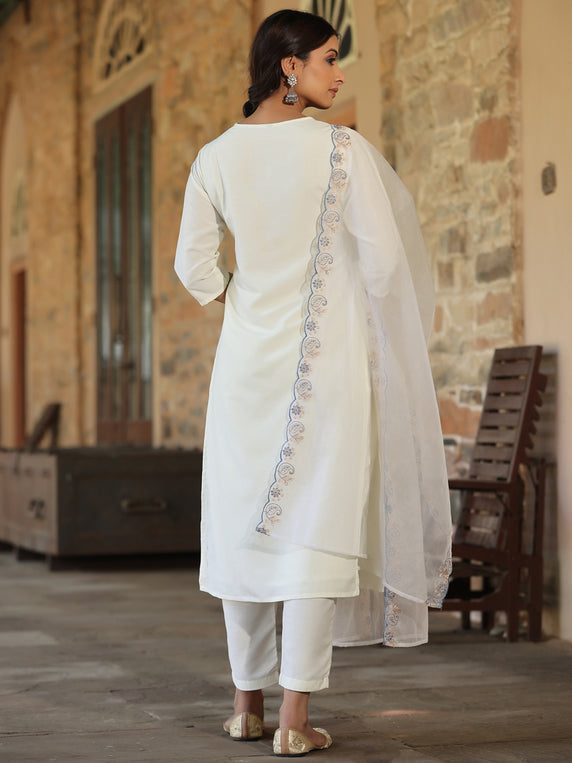 White Chinnon Solid Embroidered Kurta Set