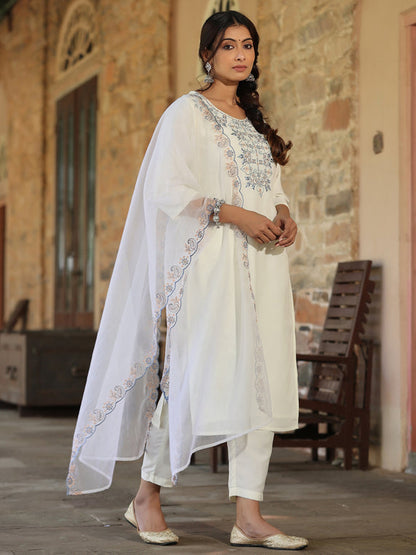 White Chinnon Solid Embroidered Kurta Set