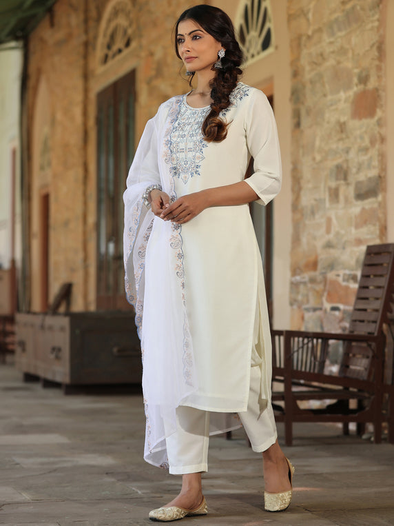 White Chinnon Solid Embroidered Kurta Set