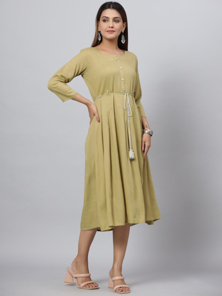 Green Rayon Slub Solid Dress