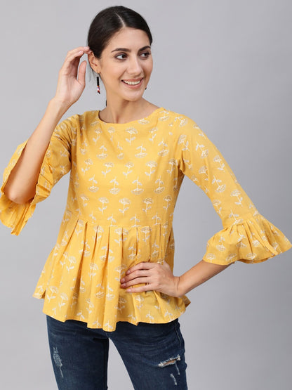 Women Yellow & Silver Printed Top With Three Quarter Flared Sleeves