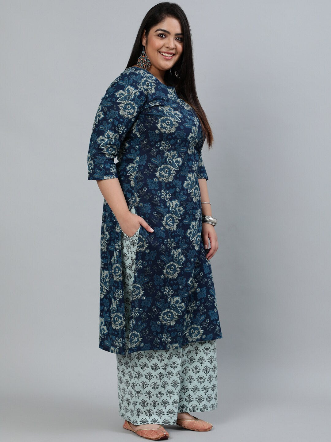 Women Indigo Blue Printed Straight Kurta With Palazo & Dupatta