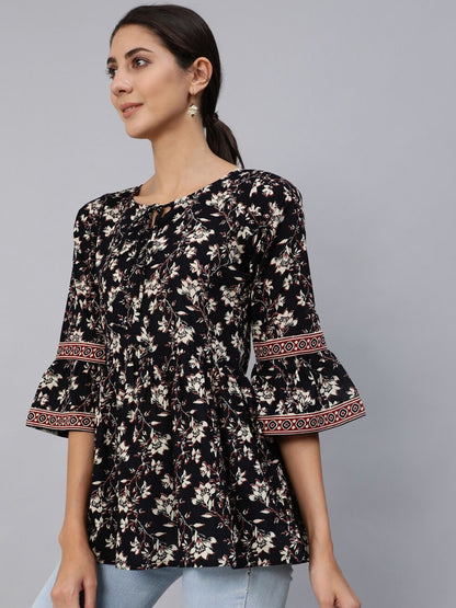 Women Black Floral Printed Top With Three Quarter Flared Sleeves