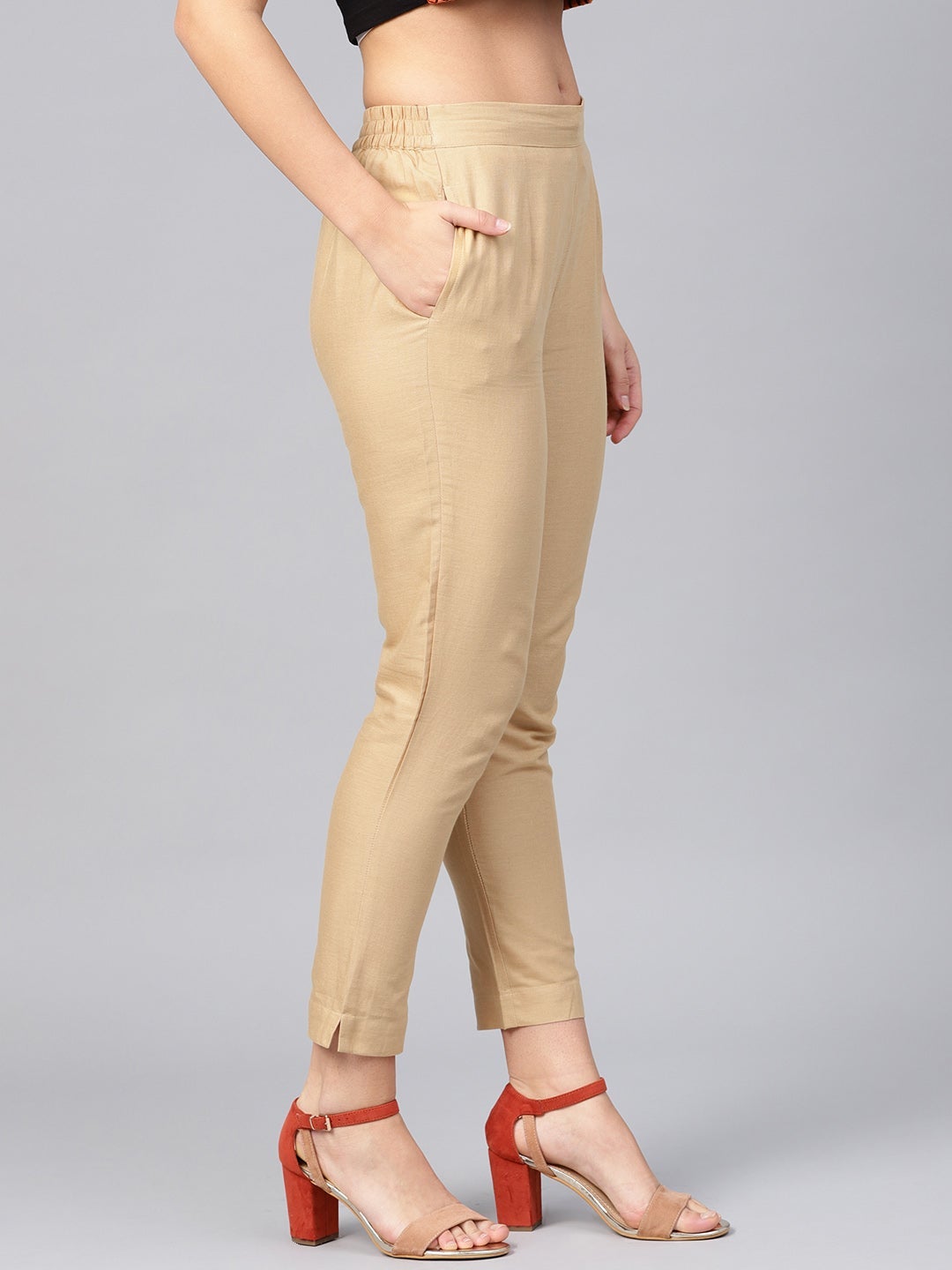 Women Beige Brown Modal Solid Ankle Length Slim Fit Pants