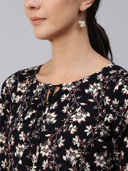 Women Black Floral Printed Top With Three Quarter Flared Sleeves