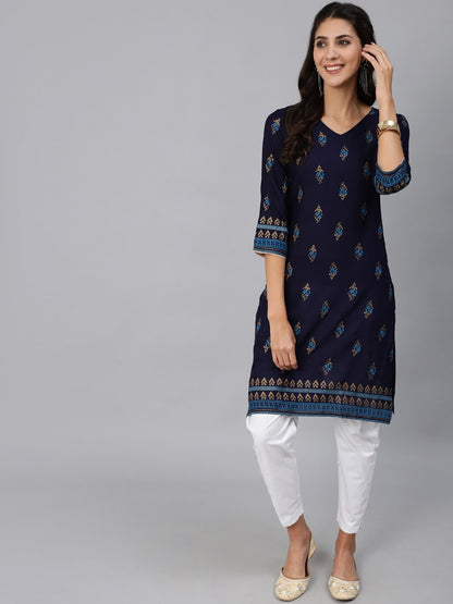 Women Navy Blue & Gold Printed Straight Kurta With Three Quarter sleeves