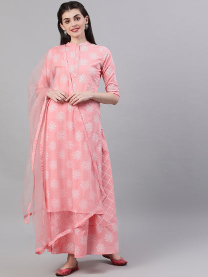 Women Pink Three-Quarter Sleeves Straight Kurta Skirt Set With Dupatta