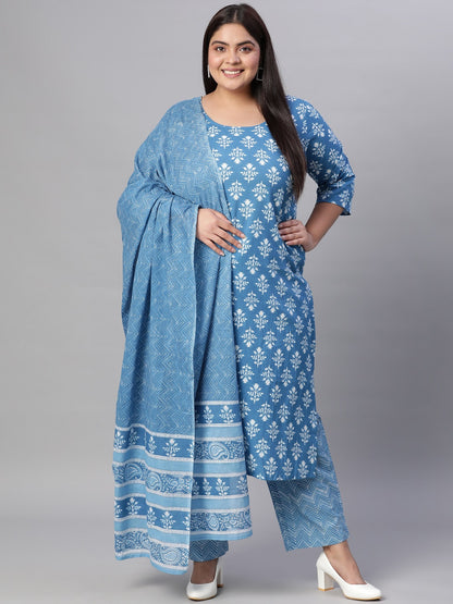 Women Blue Printed Straight Kurta with Plazo & Dupatta