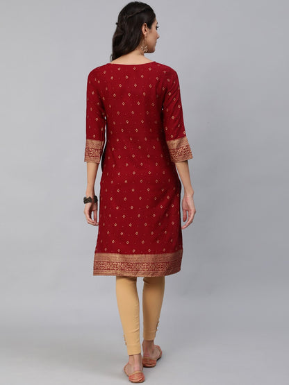 Women Maroon & Gold Printed Straight Kurta With Three Quarter sleeves