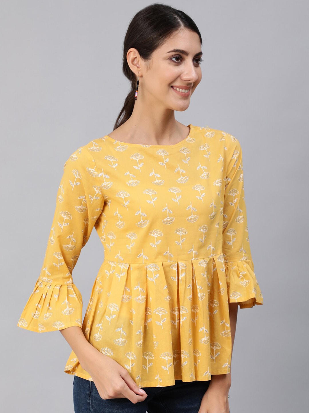 Women Yellow & Silver Printed Top With Three Quarter Flared Sleeves