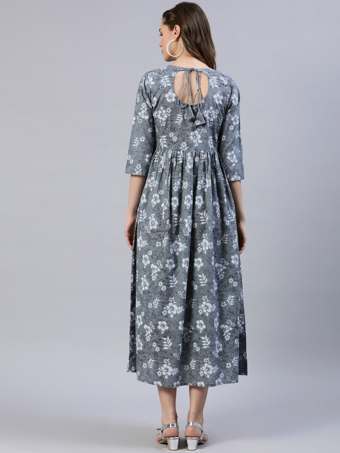 Women Grey Floral Printed Dress With Three Quarter Sleeves