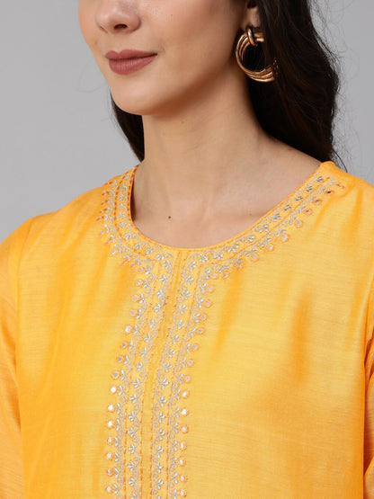 Women Yellow Chanderi Embroidered Straight Kurta Set With Palazo & Sequence Dupatta