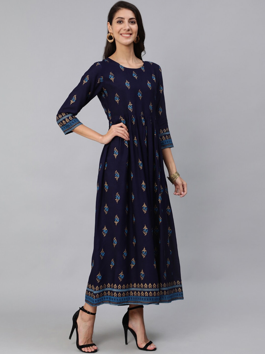 Women Navy Blue & Gold Printed Maxi Dress With Three Quarter Sleeves