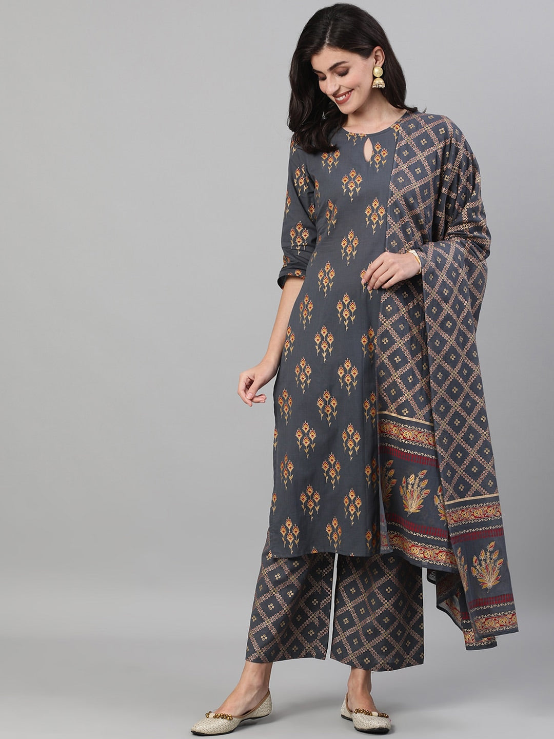 Women Steel Grey Gold Printed Three-Quarter Sleeves Kurta-Palazzo with pockets Dupatta And Face Mask