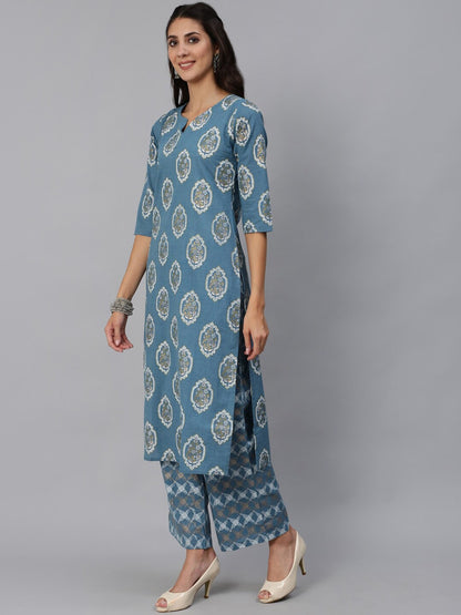 Women Blue & Gold  Printed Kurta Set With Plazo & Dupatta