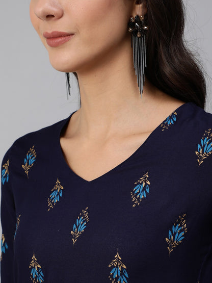 Women Navy Blue & Gold Printed Straight Kurta With Three Quarter sleeves