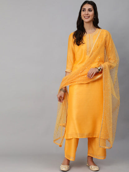 Women Yellow Chanderi Embroidered Straight Kurta Set With Palazo & Sequence Dupatta