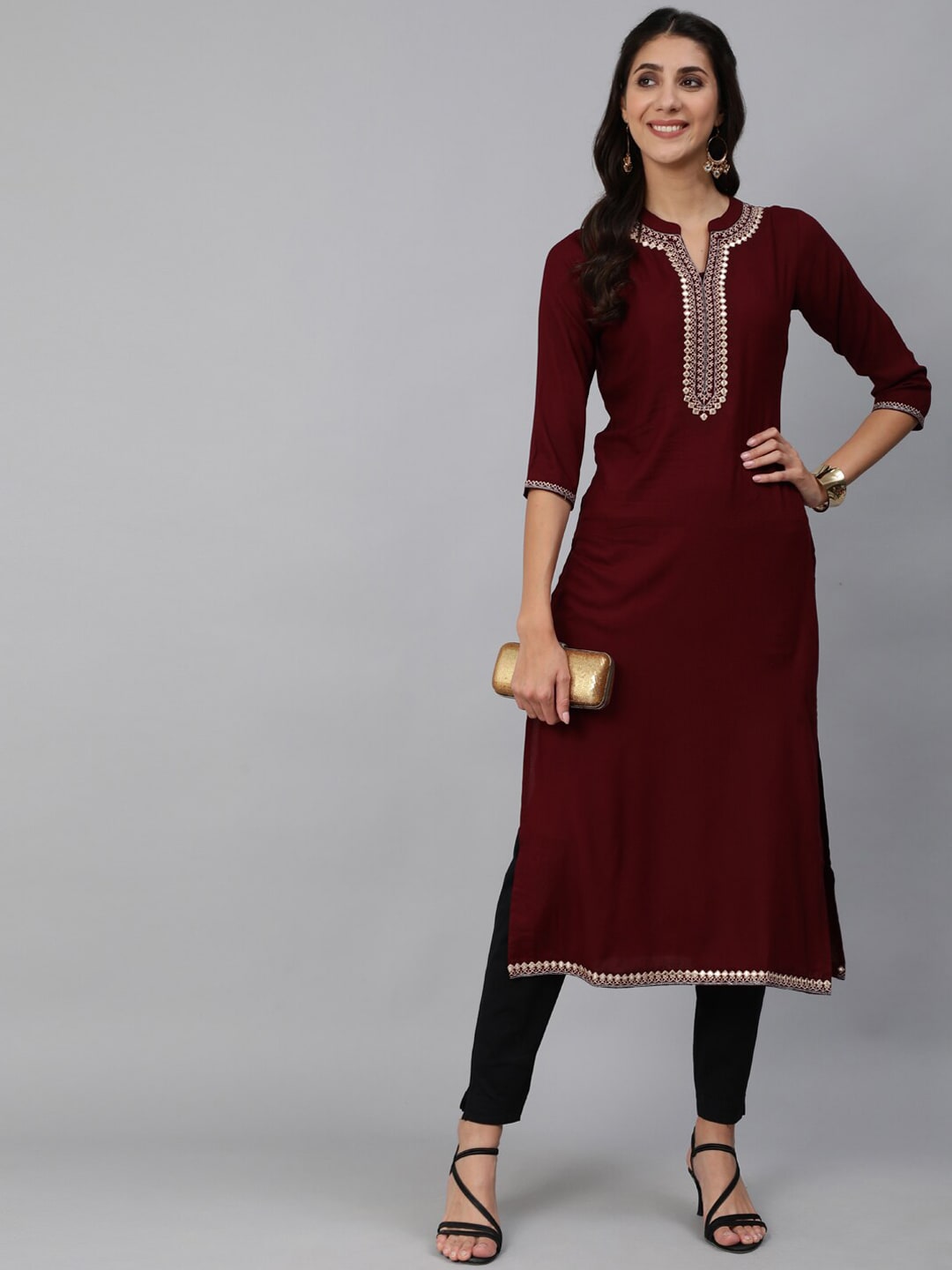 Women Burgundy Embroidered Straight Kurta With Three Quarter Sleeves