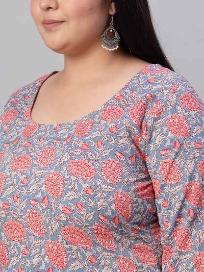 Women Blue Printed Straight Kurta with Plazo & Dupatta