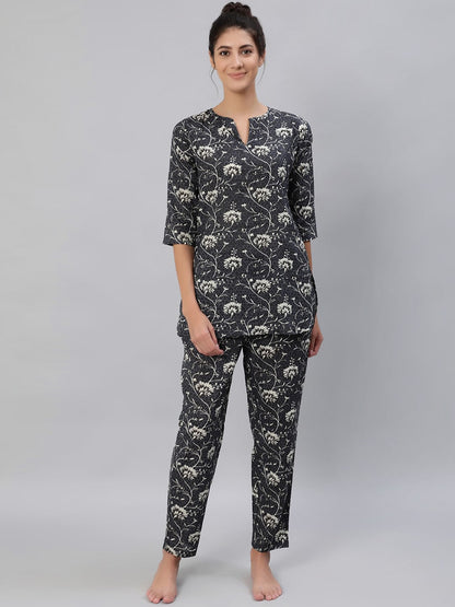 Women Grey Floral Printed Night Suit Set