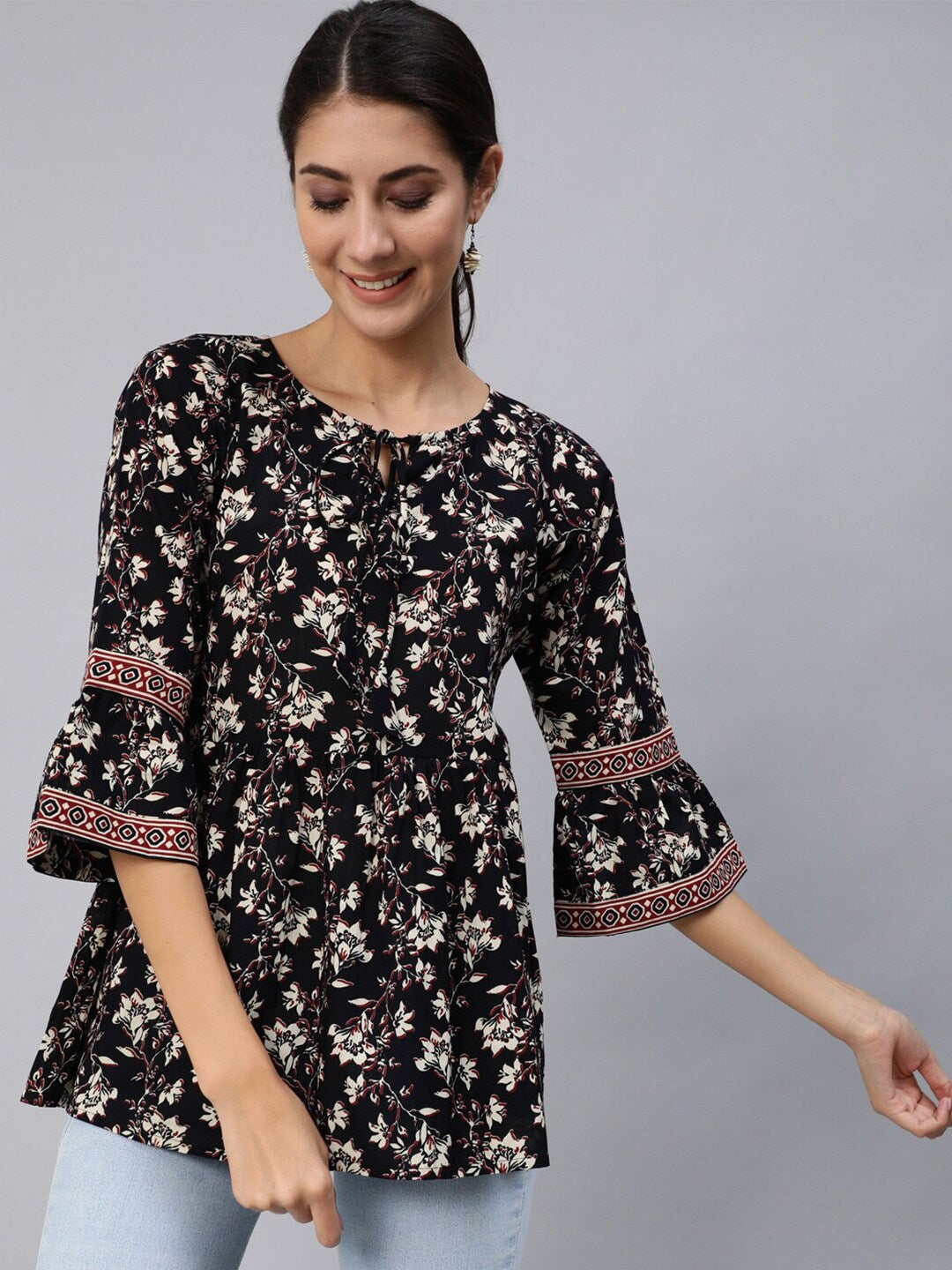 Women Black Floral Printed Top With Three Quarter Flared Sleeves