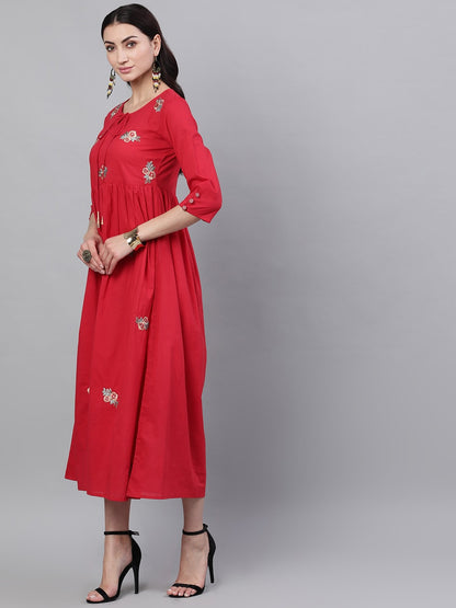 Women Red Floral Embroidered V-Neck Cotton Maxi Dress With Dupatta