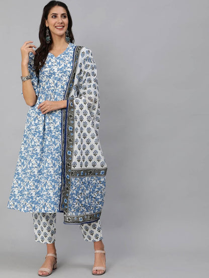 Women Blue & White Floral Printed Kurta Set With Trouser & Dupatta