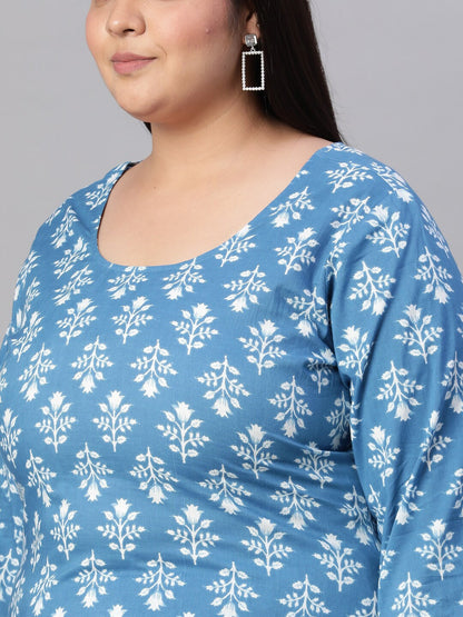 Women Blue Printed Straight Kurta with Plazo & Dupatta