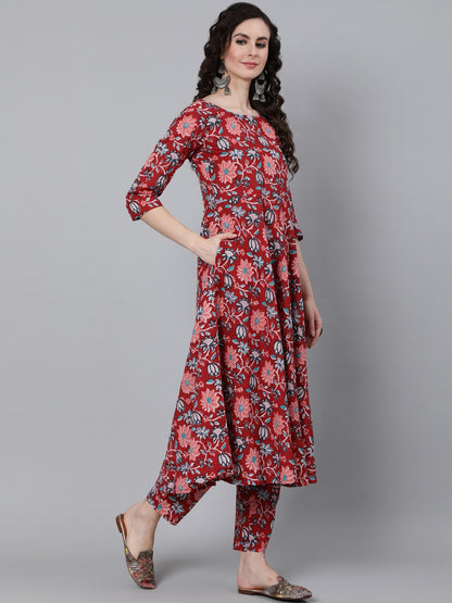 Women Red Floral Printed Kurta With Trouser & Dupatta