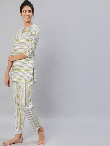 Women Green & Grey Striped Night Suit Set