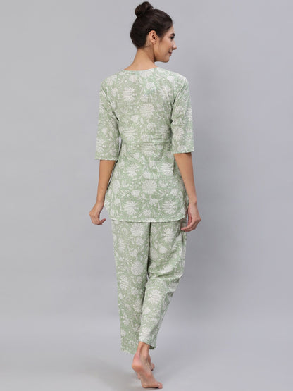 Women Green Floral Printed Night Suit Set